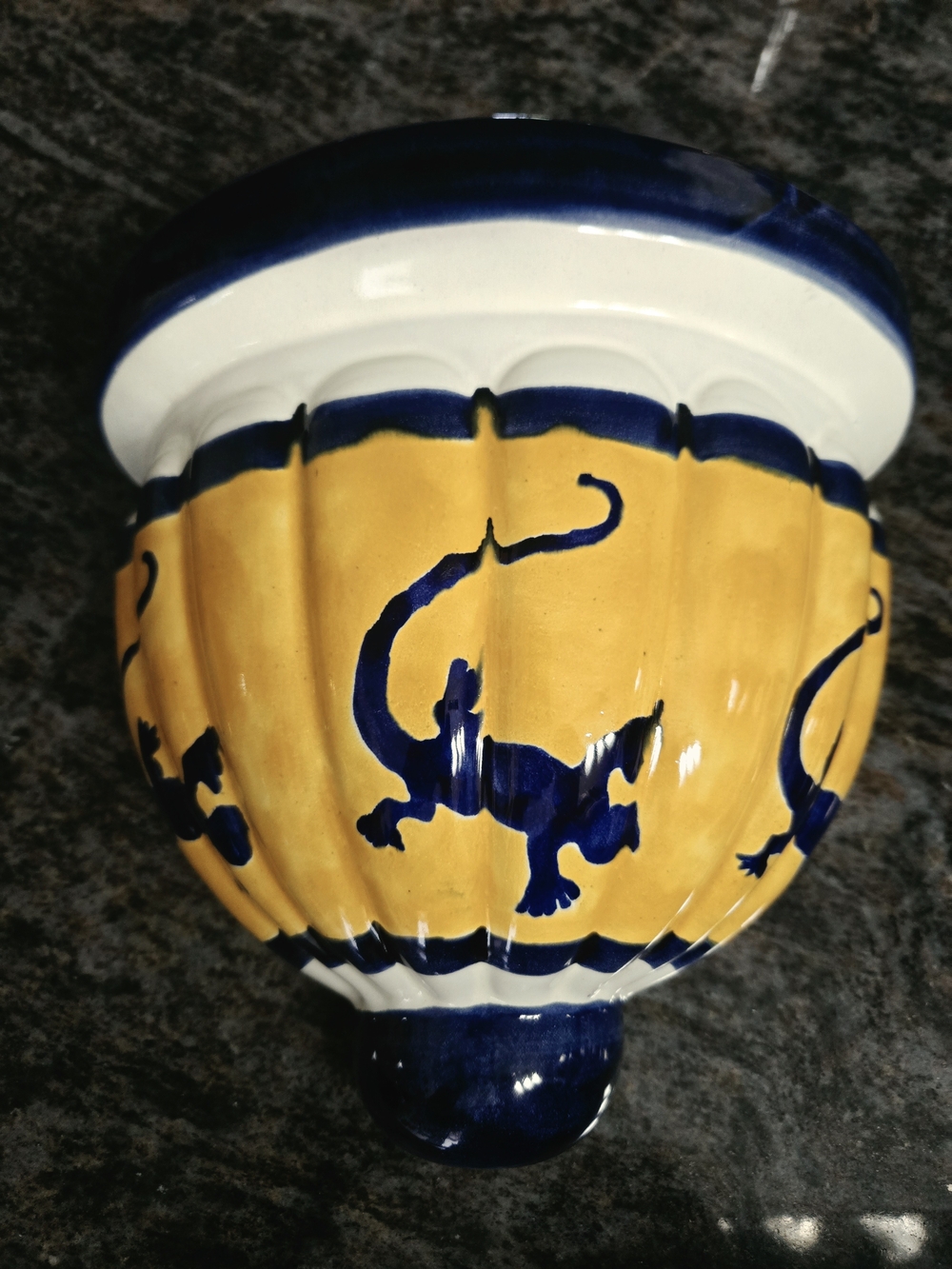 Hand-Painted Yellow & Blue Ceramic Wall Pocket with Animal Motifs